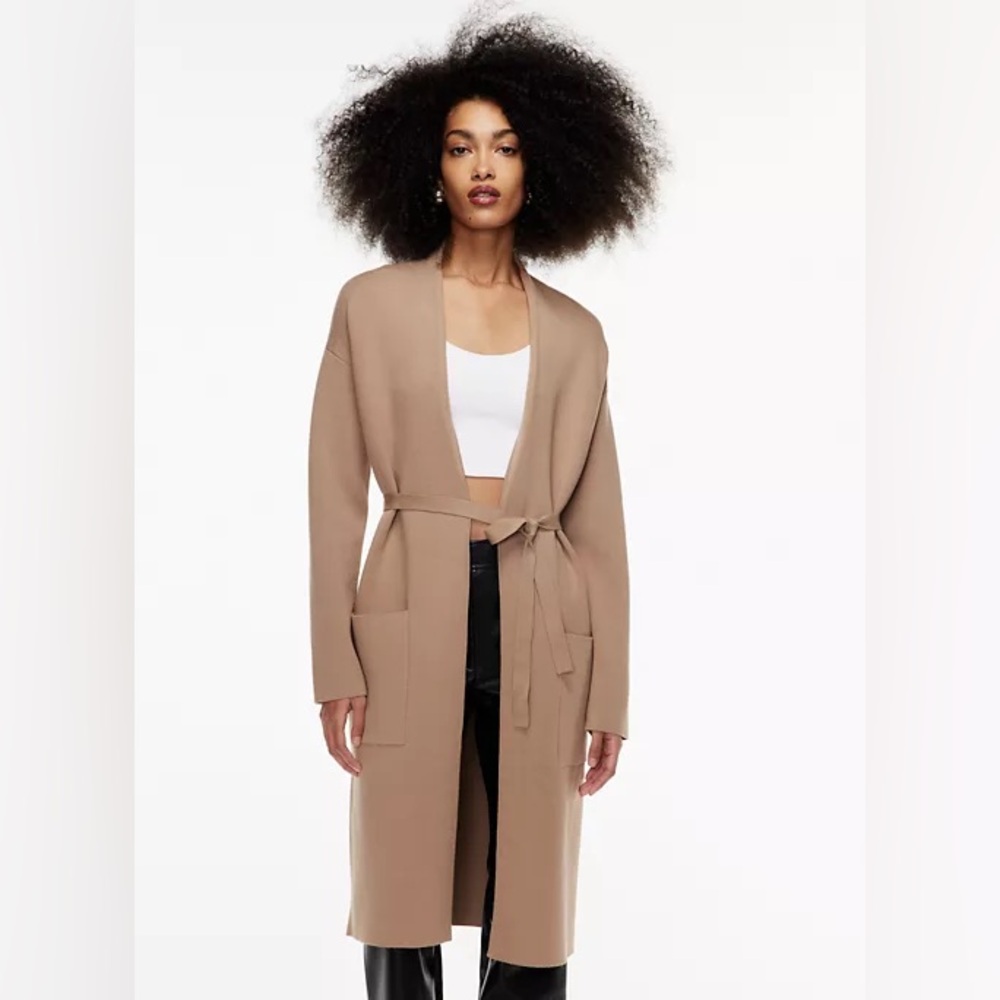 Babaton Ty brown tan tie waist long open front Cardigan size extra small